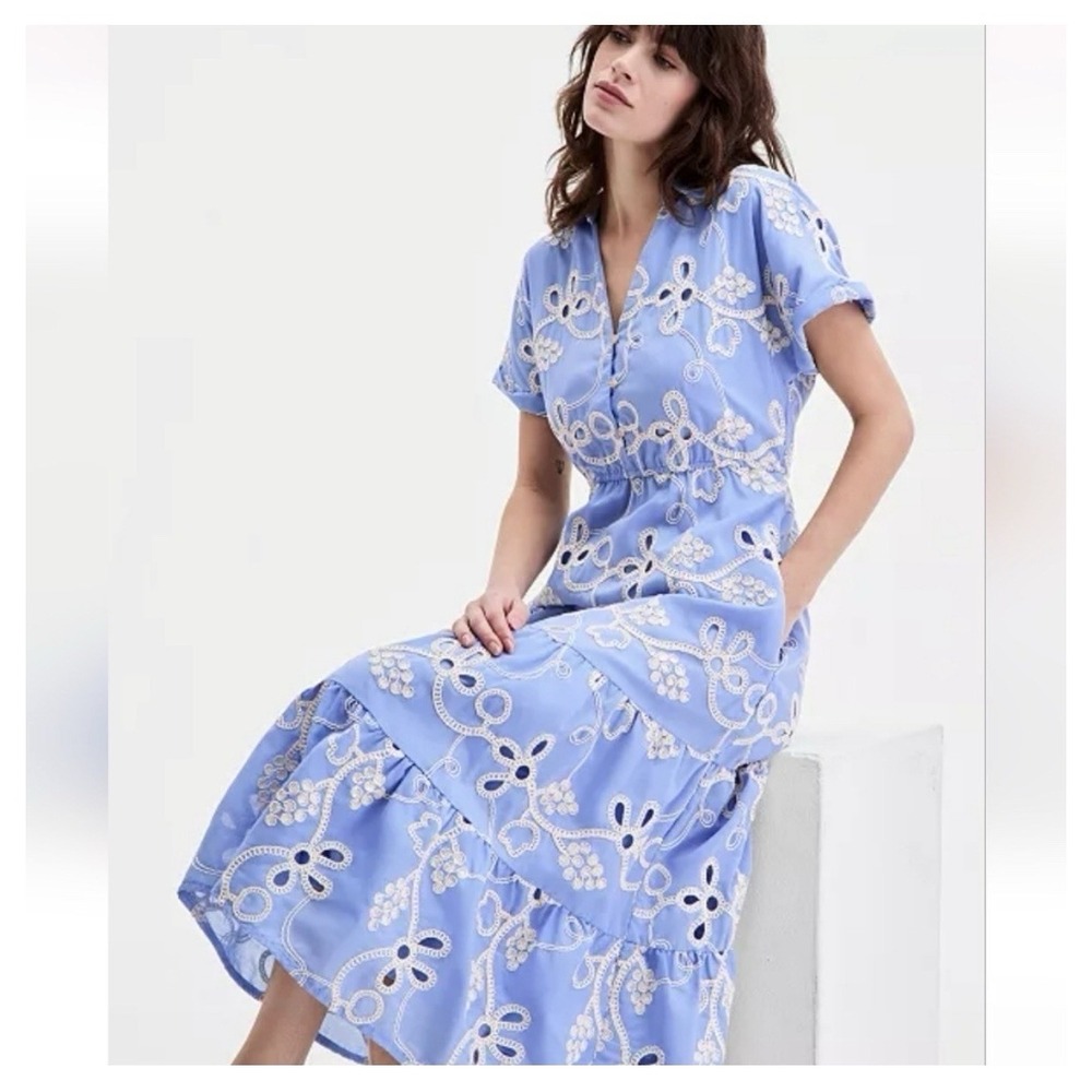Sam Edelman Powder Blue Embroidered Eyelet Tiered Midi Modest Shirtdress Sz 12